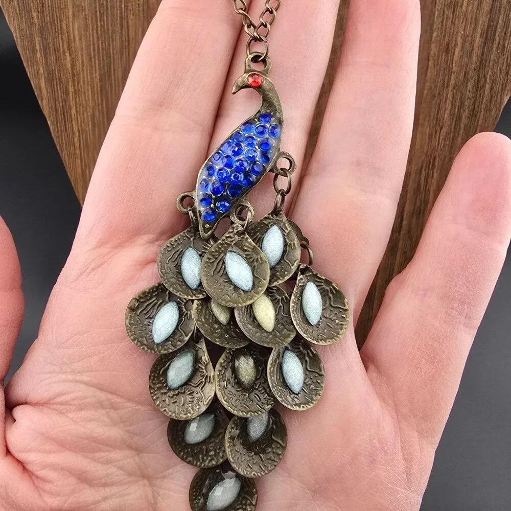 Peacock Pendant Necklace With Bronze Chain & Blue Rhinestones 24" - Picture 1 of 7